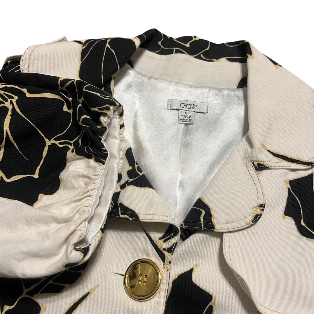 Cache Black White Floral Print Cropped Jacket Blazer Gold Buttons Women Small